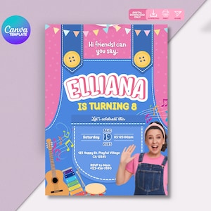 May include: A birthday party invitation with a blue overall design, pink polka dot background, and the text "ELLIANA IS TURNING 8". Includes event details, musical instruments, and a photo of a woman waving.