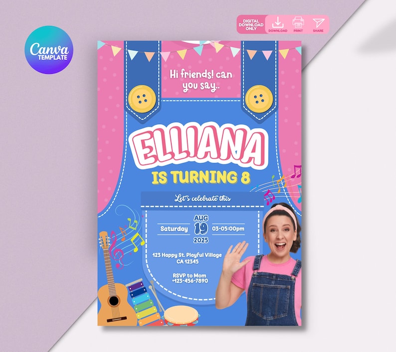 May include: A birthday party invitation with a blue overall design, pink polka dot background, and the text "ELLIANA IS TURNING 8". Includes event details, musical instruments, and a photo of a woman waving.