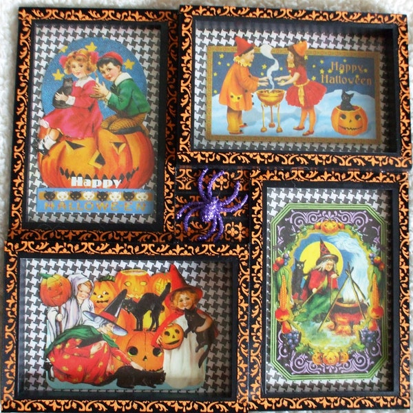 Vintage Style Halloween Frame Witches Black Cats Pumpkins