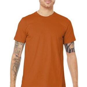 May include: A rust-colored short-sleeved t-shirt with a crew neck.