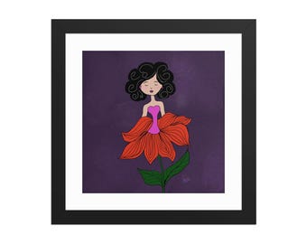 Lámina artística de una chica morena con flores rojas, decoración de pared, ilustración digital femenina dibujada a mano, póster enmarcado, decoración moderna para la habitación de una chica, regalo para ella.