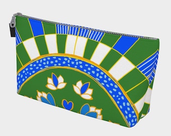 Neceser de maquillaje bohemio azul y verde, neceser cosmético con estampado retro, bolso de lona con cremallera, organizador de artículos de aseo de viaje, regalo para ella.