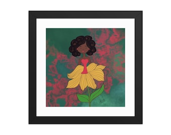 Lámina artística de flores con niña negra, arte floral para pared, ilustración digital femenina dibujada a mano, póster enmarcado, decoración moderna para habitación de niña, regalo para ella.