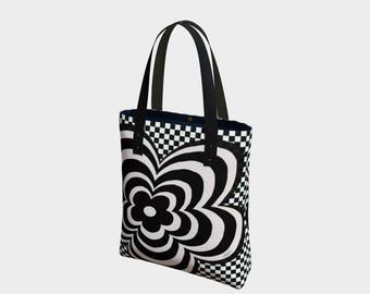 Bolso tote moderno abstracto en blanco y negro / Bolso tote urbano diseñado por un artista / Bolso reutilizable de estética minimalista para el día a día