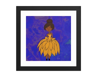 Lámina artística de niña negra con flores amarillas, arte de pared, ilustración digital femenina dibujada a mano, póster enmarcado, decoración moderna para habitación de niña, regalo para ella.