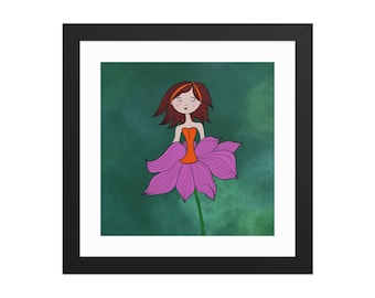 Lámina artística de una chica morena con flores rosas, decoración de pared, ilustración digital femenina dibujada a mano, póster enmarcado, decoración moderna para la habitación de una chica, regalo para ella.