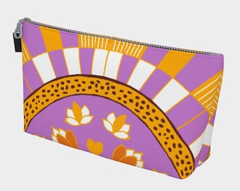Neceser bohemio morado y naranja, neceser de cosméticos con estampado retro, bolsa de lona con cremallera, organizador de artículos de aseo de viaje, regalo para ella.