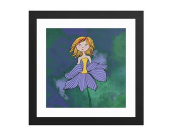 Lámina artística de niña rubia con flores, decoración de pared, ilustración digital femenina dibujada a mano, póster enmarcado, decoración moderna para habitación de niña, regalo para ella.
