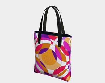 Bolso tote abstracto moderno geométrico rosa colorido, diseño artístico, bolso tote urbano, bolso reutilizable de estilo moderno y estético para uso diario.