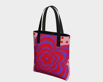 Bolso de mano abstracto moderno rojo y morado / Bolso urbano diseñado por un artista / Bolso reutilizable de uso diario con estética minimalista