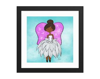 Lámina artística "Black Girl Flower Wings", arte de pared, ilustración digital femenina dibujada a mano, póster enmarcado, decoración moderna para habitación de niña, regalo para ella.