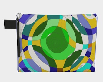 Estuche con cremallera de estampado geométrico abstracto azul y verde, bolso multiusos de diseño moderno, neceser de viaje de moda, bolso de mano vibrante, regalo para ella.