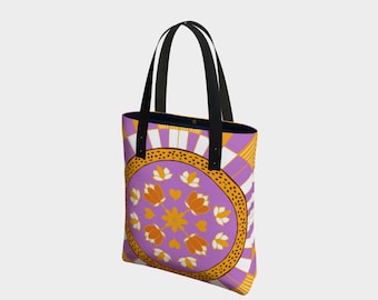 Bolso tote moderno abstracto morado y naranja, bolso tote de diseño artístico, bolso reutilizable de estética moderna para el día a día.