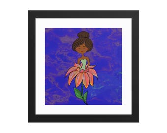 Lámina artística de niña negra con flores naranjas, arte de pared, ilustración digital femenina dibujada a mano, póster enmarcado, decoración moderna para habitación de niña, regalo para ella.