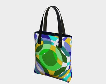 Bolso de mano abstracto moderno geométrico azul colorido, bolso urbano diseñado por artistas, bolso reutilizable de estilo moderno y estético para uso diario.