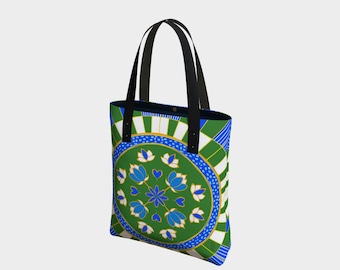 Bolso de mano abstracto moderno azul y verde, diseño artístico, bolso reutilizable de estilo moderno y cotidiano.