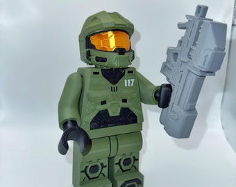 Halo Brick Figure Master Chief 8” with Spartan Laser | 3D Printed Display