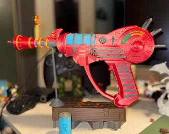 Black Ops Zombies Ray Gun Prop w/ Mystery Box Stand | Metallic Red & Gold | Functional Parts | Gaming Collectible
