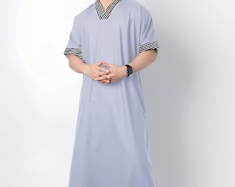 Men's Cotton Jubbah | Lurik Trim Islamic Robe