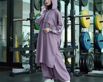 Modest Activewear Set, Syari Sportswear Hoodie Tunic & Pants, Athletic Tracksuit