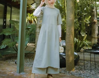 Linen Modest Two-Piece Dress Set with Inner Sleeve Layer