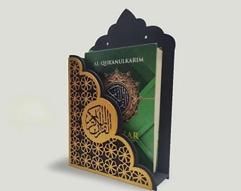 Islamic Wall Quran Holder | Minimalist Black & Gold Wooden Shelf | Elegant Qur’an Stand for Prayer Room, Ramadan Gift, Muslim Home Decor