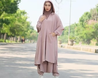 Modest Sportswear Set for Muslim Women Hijab-Friendly Hoodie Tunic Sirwal Pants Bubble Stretch Fabric Wudhu&Nursing Friendly Active Outfit