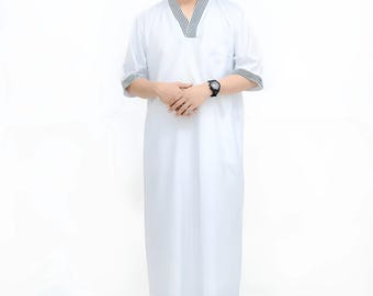 Men's Cotton Moroccan Kaftan Robe: V-Neck Short Sleeve Jubba