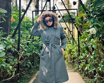 Fleece Winter Overcoat | Detachable Faux Fur Hood, Belted, Plus Size