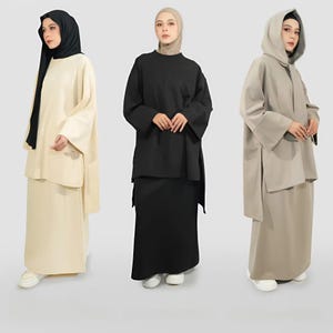 Hoodie Tunic and Skirt with Hijab Suit | Russian Cotton Muslim Outfit | Loose Fit Two-Piece Hijab Dress | Wudhu Friendly Loungewear Garments