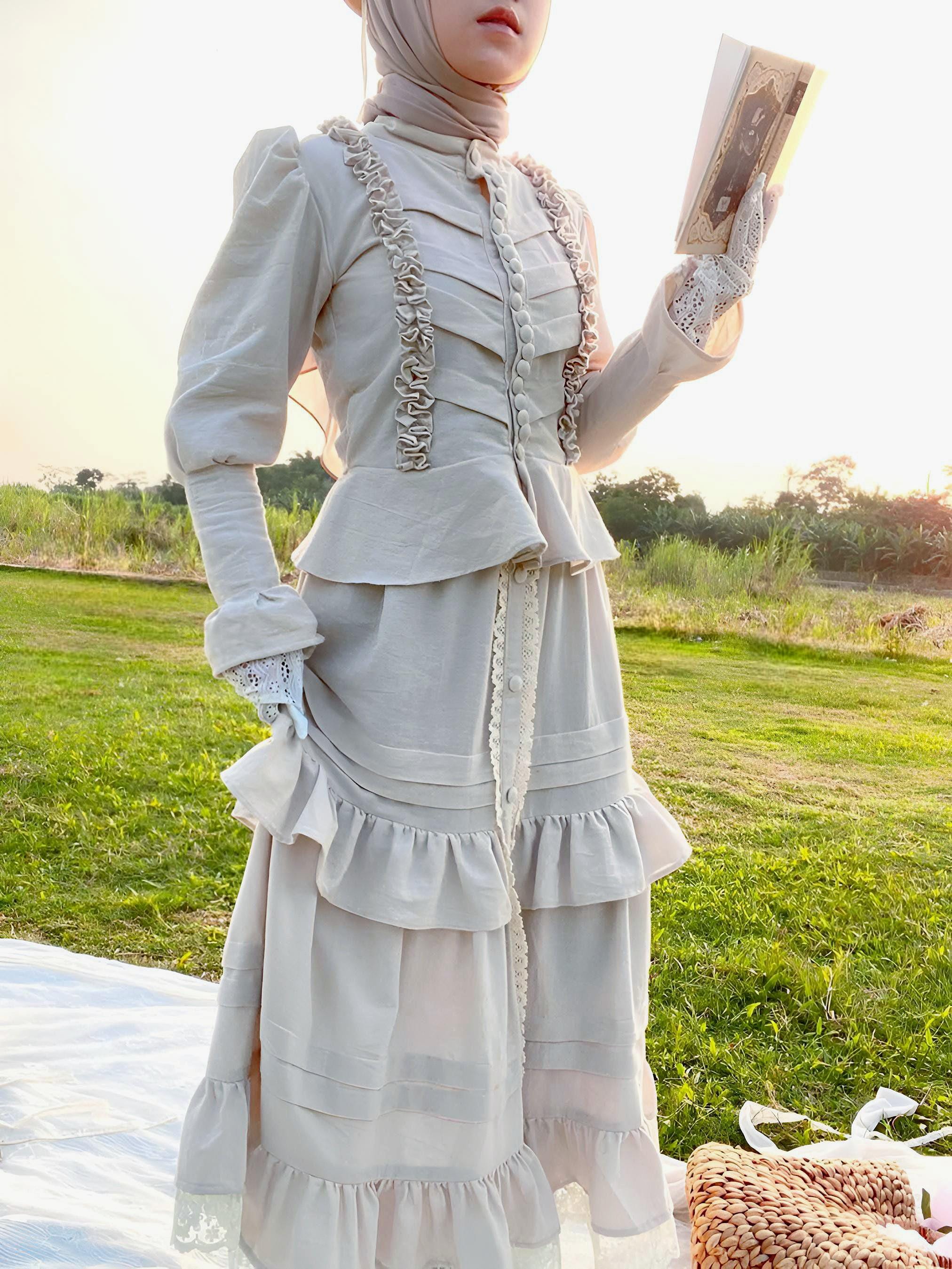 8/31まで スカート Old England size 34 XXS 1800s Vintage Set Lace Bodice Cotton Skirt Victorian