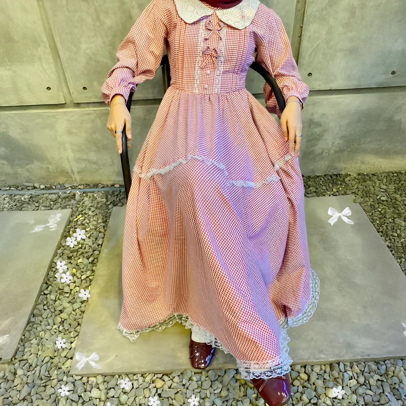 Rosetta Coquette Dress: Vintage Burgundy Checked Cotton Cottagecore Maxi