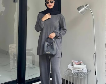 Modest Knit Lounge Set – Long Sleeve Top & Wide Leg Pants