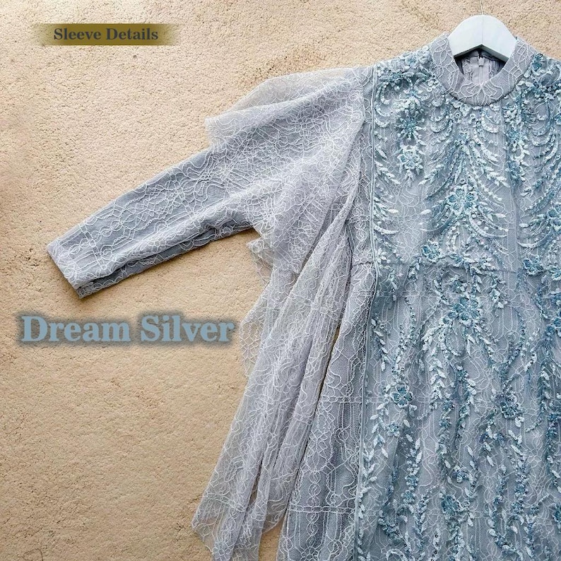 Op de afbeelding: Een lichtblauwe kanten jurk met een hoge hals en lange mouwen. De mouwen hebben een gerimpeld detail. De jurk heeft een bloemenpatroon en is gemaakt van een transparante stof. De tekst "Dream Silver" is zichtbaar in de afbeelding.