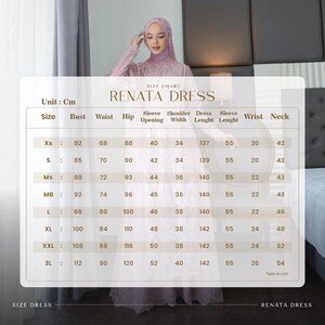 Op de afbeelding: Maattabel voor een jurk genaamd "Renata Dress" met metingen in centimeters voor de borst, taille, heupen, mouwopening, schouderbreedte, jurk lengte, mouwlengte, pols en nek.