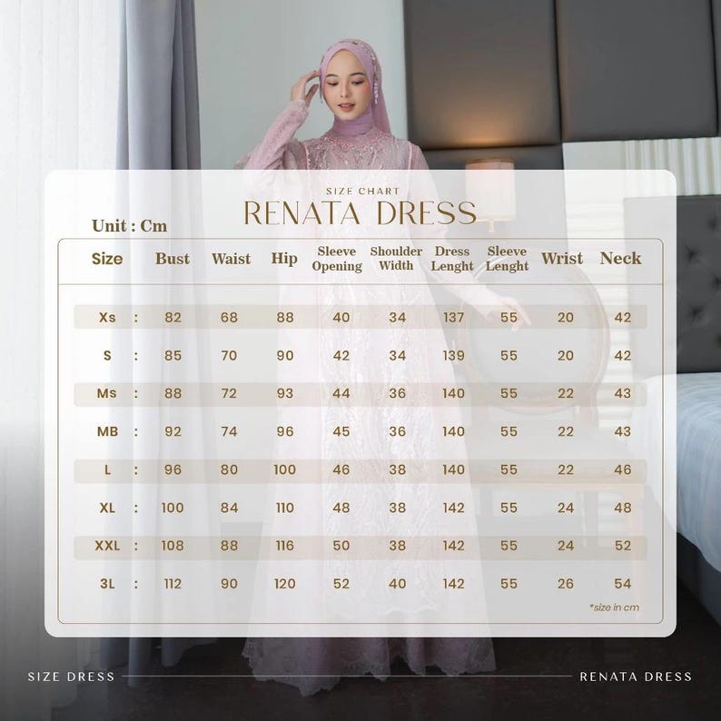 Op de afbeelding: Maattabel voor een jurk genaamd "Renata Dress" met metingen in centimeters voor de borst, taille, heupen, mouwopening, schouderbreedte, jurk lengte, mouwlengte, pols en nek.