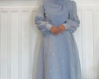 Suknia Abaya z haftowanej organzy | Sukienka maxi z Santorini dla kobiet | Skromna muzułmańska suknia z kwiatowymi zdobieniami | Strój na Eid i ślub