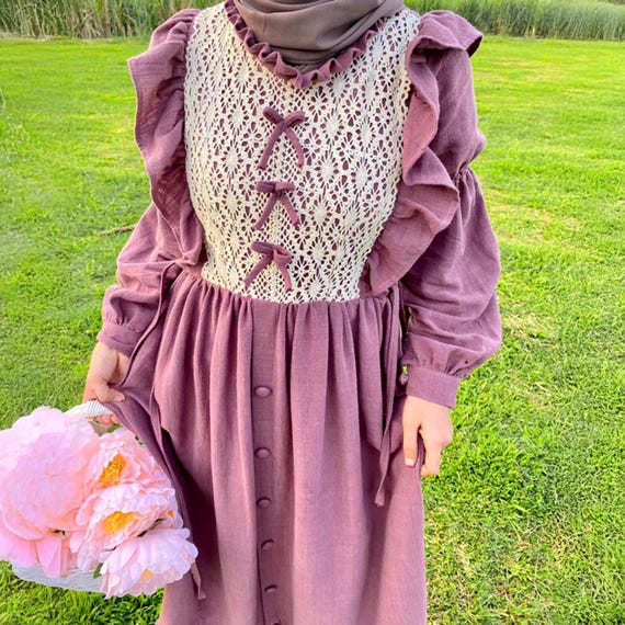 cottagecore purple dress Purple Dress, Cottagecore Dress Maxi, Pom Pom Trim Detail, Mexican Peasant Dress, Design Style, R5245 Made to Order LotusTraders Purple One Size