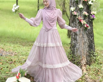 Vestido abaya de brocado con hiyab: vestido de novia musulmán, ropa para el Eid Ramadán