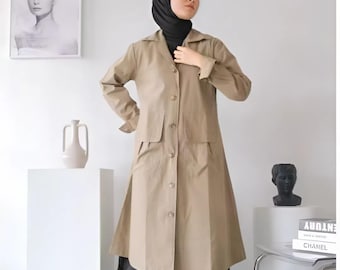 Baby Canvas Long Coat: Modest Abaya Style Jacket with Deep Pockets