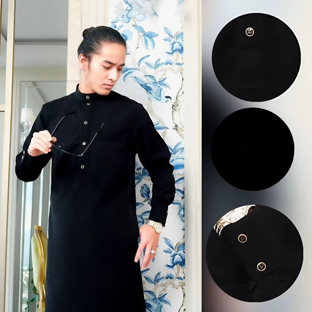 Thope Robe Men's Jet Black Thobe - Islamic Robe With Metal Emblem - Etsy