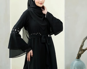 Beaded Ceruty Abaya Dress with Hijab Scarf: Modern Muslim Evening Gown