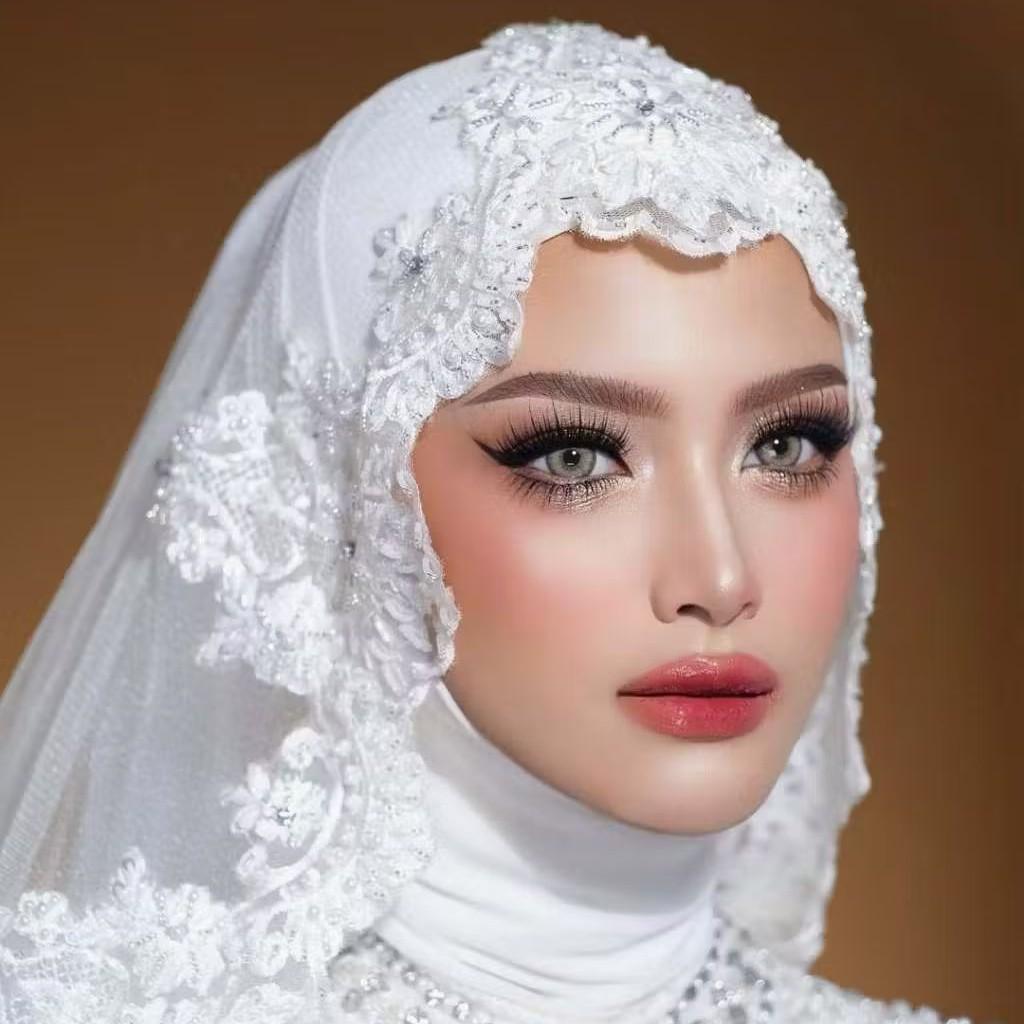 Handcrafted Brocade Bridal Veil Pearl, Crystal & Lace Muslim