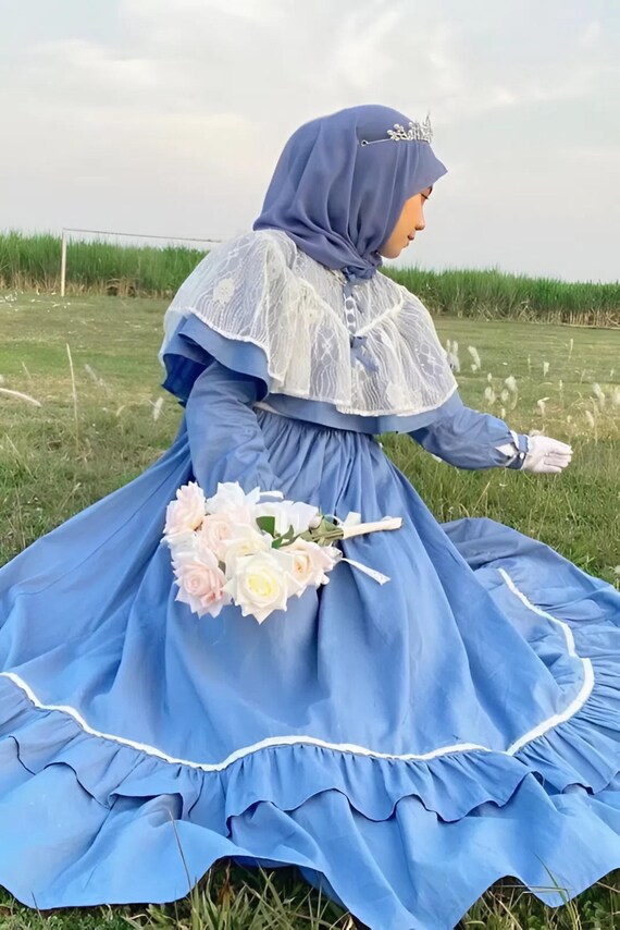 Fairytale Cottagecore Modest Dress | Vintage Puff Sleeve Muslim Maxi Gown w/ Lace Cape | Custom Color Princess Picnic Dress Hijab Friendly