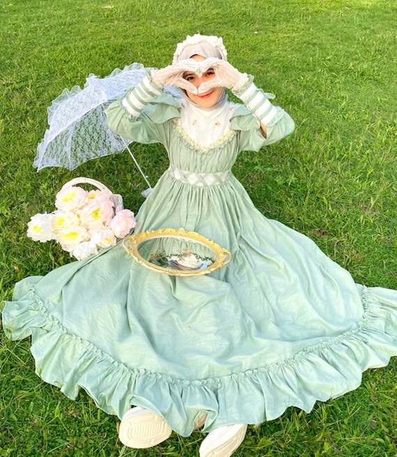 white christmas dresses Sage Green Lace Ruffle Cottagecore Dress