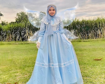Blue Princesscore Dress: Cottagecore Fairytale Gown with Flower Crown