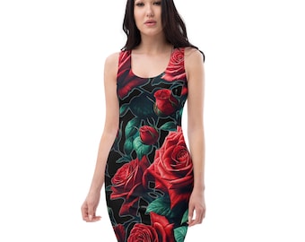 black bodycon dress with red roses Black Rose Print Lace Trim Slip Dress
