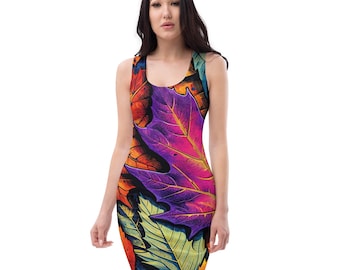 Vestido ajustado con hojas de otoño: prenda para ocasiones especiales colorida y vibrante