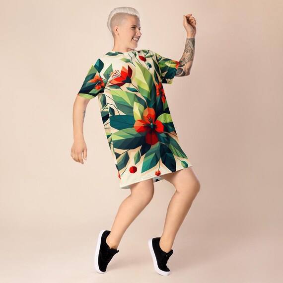 Floral T-Shirt Dress: Red Flower Print, Casual Summer Style