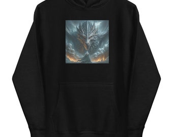 Sudadera unisex con capucha de dragón y héroe épico: ropa informal de arte fantástico